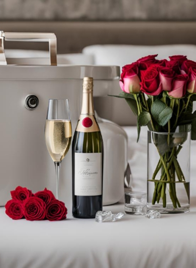 Scena romantica con champagne, rose rosse, bicchieri e petali su un tavolo.