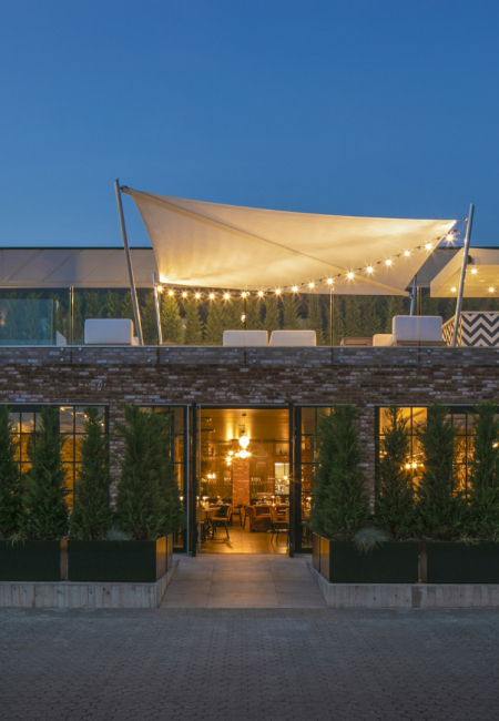 Edificio moderno con terrazza, luci decorative e vegetazione, illuminato al crepuscolo.