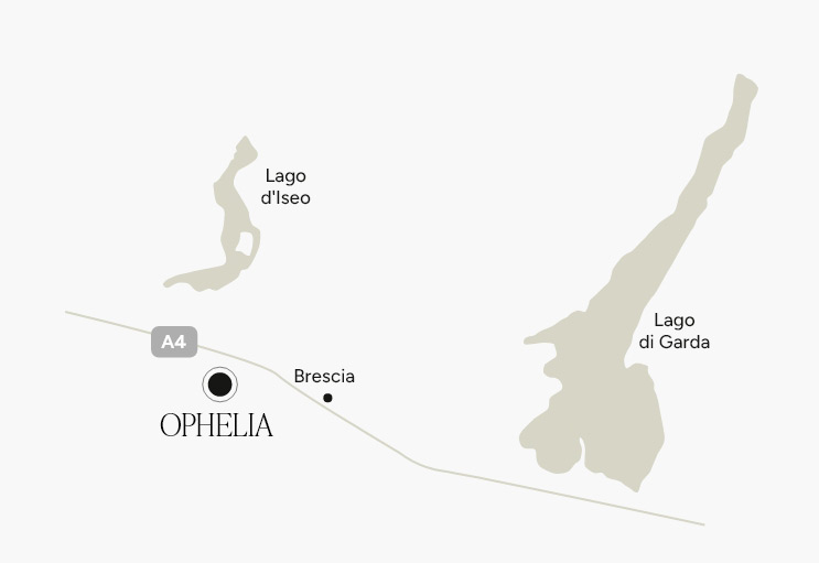 Mappa che mostra Ophelia vicino Brescia, tra il Lago d'Iseo e il Lago di Garda.